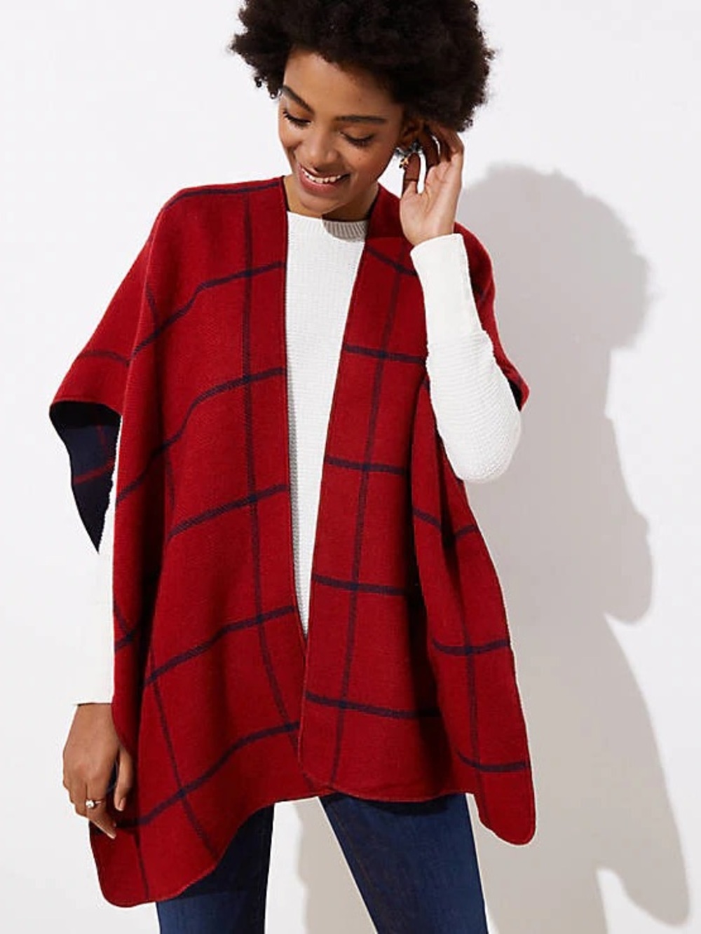 NWT Loft Reversible Plaid Checked Poncho Shawl Pure Red Navy Blue Med Large